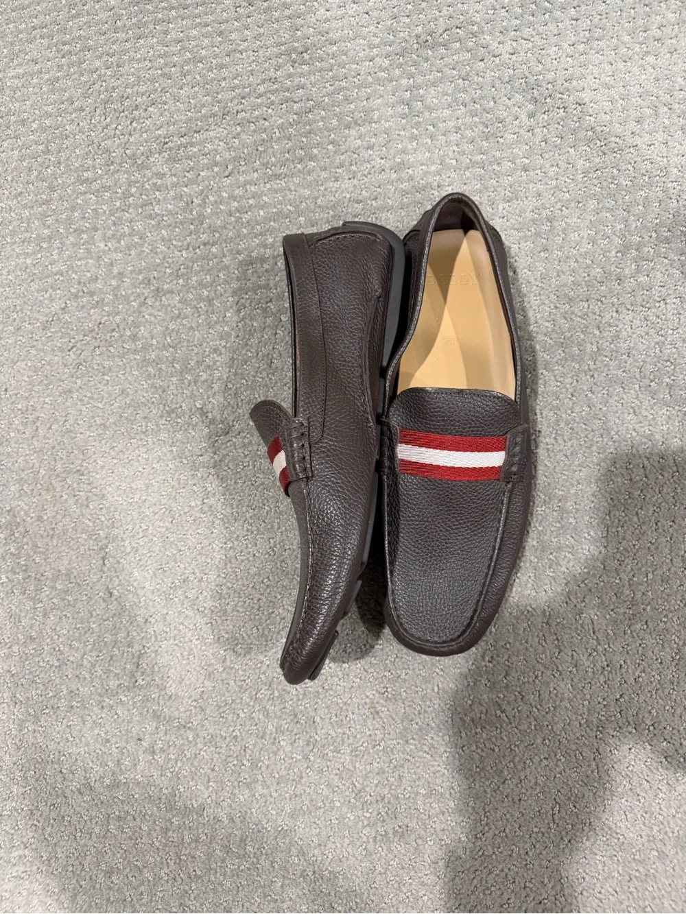 Bally Brown Pebbled Leather Loafers with Red & White Webbing